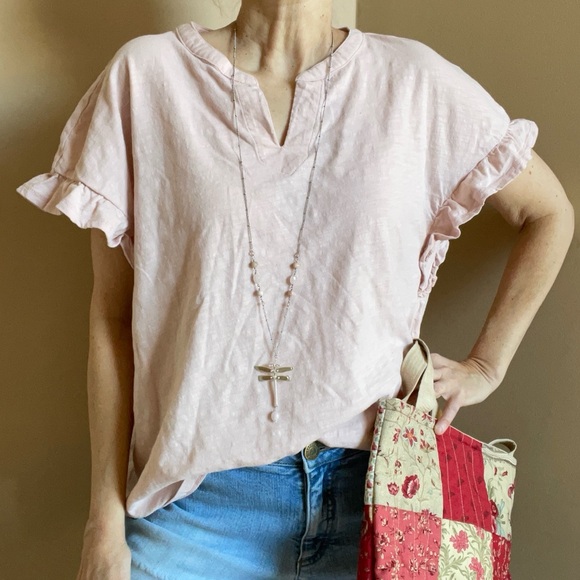 Cotton Bleu Tops - Feminine Pink Top, Ruffle Sleeves